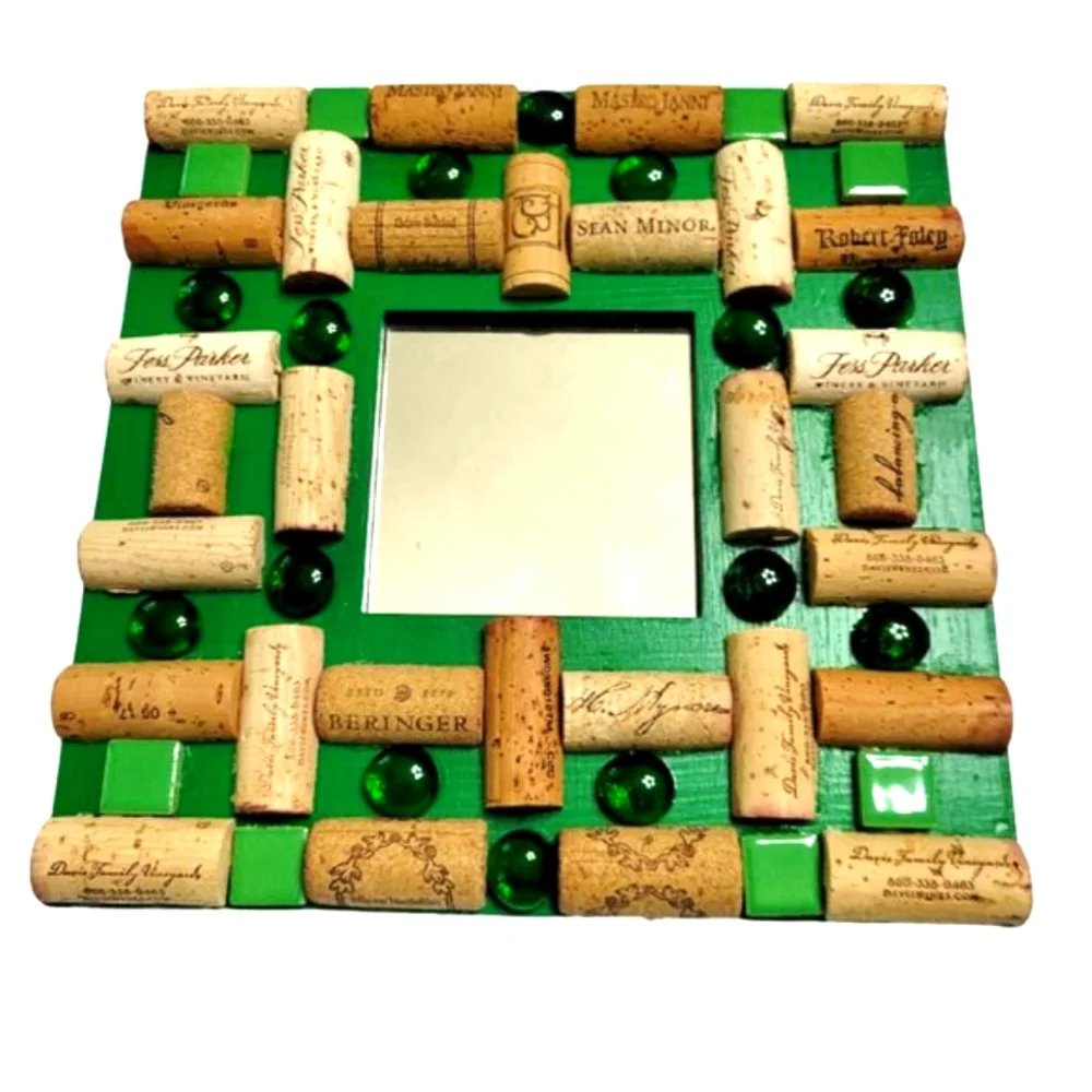 Green Round Cabochons Glass Mirror Decor with Wine Cork-NWT-Handmade